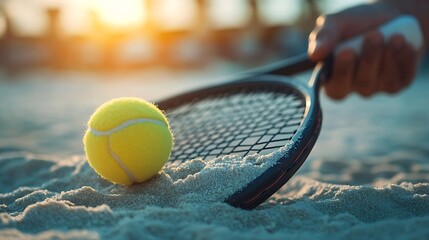 Beach tennis racket and ball Man holding racket with sand and beach tennis ball on court : Generative AI