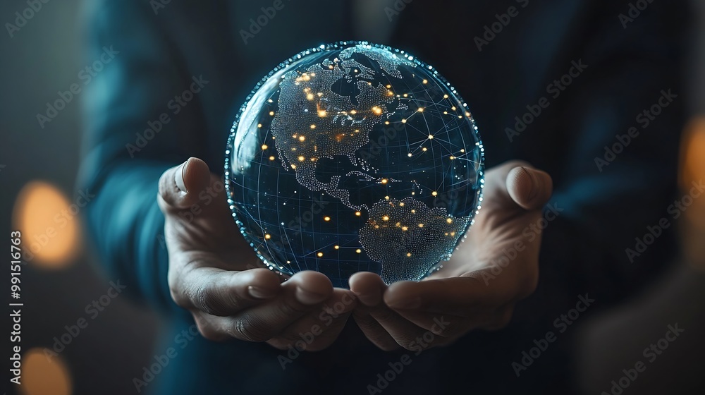 Poster Businessman holding global network connection on social networking and customer data analytics Business strategy and smart intelligence digital marketing Technology and global business : Generative AI
