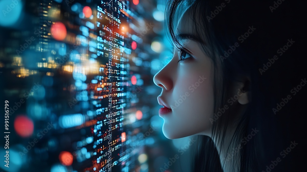 Fototapete Computer code hologram and woman thinking of data analytics information technology or software overlay at night Laptop solution and IT people with algorithm statistics and cybersecurit : Generative AI