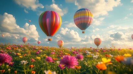 Fototapeta premium Colorful hot air balloons in a vibrant flower field under a sunny sky.