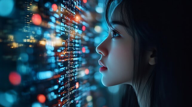 Computer code hologram and woman thinking of data analytics information technology or software overlay at night Laptop solution and IT people with algorithm statistics and cybersecurit : Generative AI