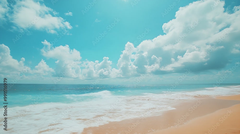 Poster beautiful tropical beach with blue sky and white clouds abstract texture background copy space of su
