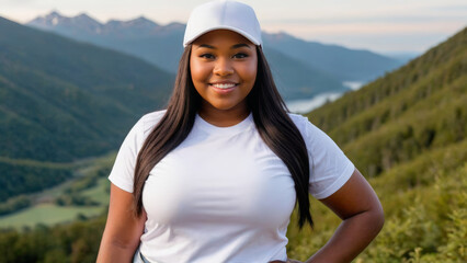 Naklejka premium Plus size young black woman wearing white t-shirt and white baseball cap standing on a mountain