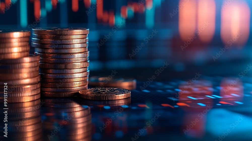 Aufkleber Money coin stack on office desk with graph and up arrow with blue filter Business and finance concept : Generative AI