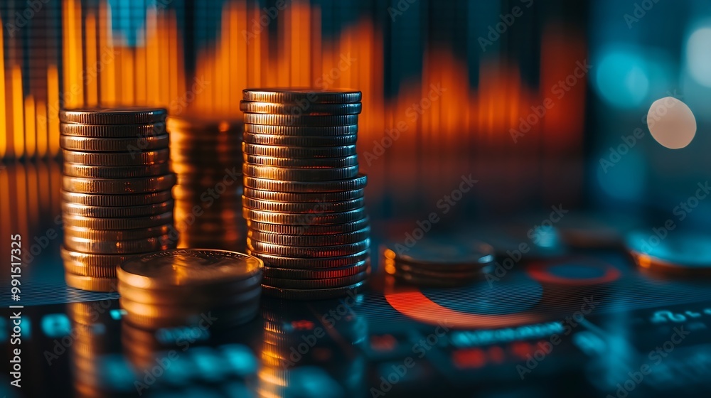 Poster stacks of coins and graphs finance concept stock business investment : generative ai