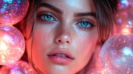 Naklejka premium Portrait of a woman surrounded by glowing spheres and bright neon lights