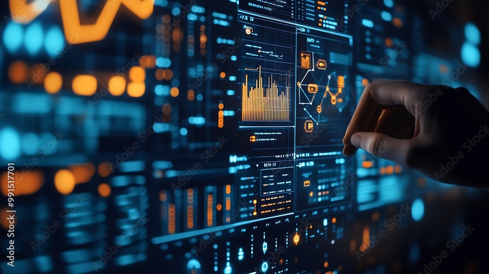 Poster Data science business analysis and strategy big data conceptBusiness teamwork analyzing financial graph on virtual touch screen futuristic technology solution for business development : Generative AI