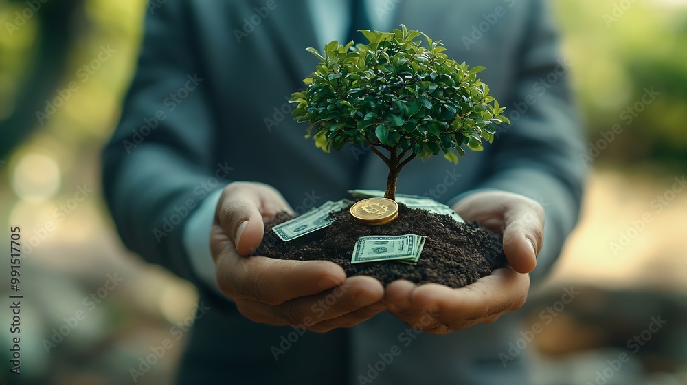 Aufkleber a businessman holding a coin with a tree that grows and a tree that grows on a pile of money the ide