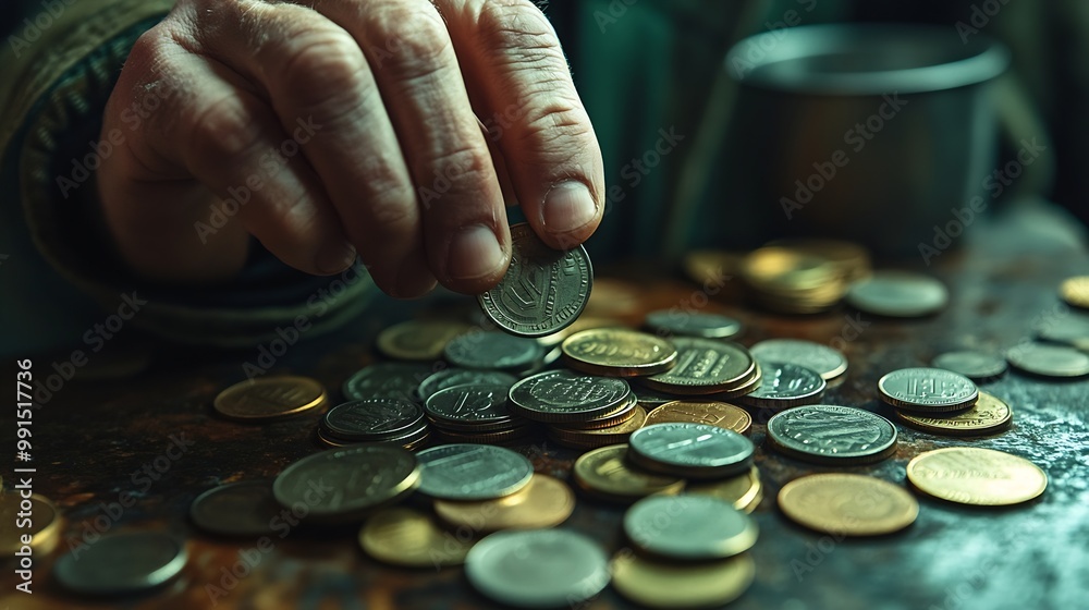 Poster man counts his coins on a table personal finance finance management savings thrifty or avarice conce