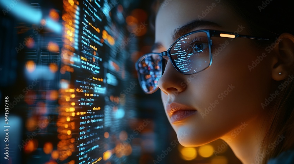 Fototapete Software coding hologram and woman on tablet thinking of data analytics digital technology and night overlay Programmer or IT person in glasses on 3d screen programming and cybersecuri : Generative AI