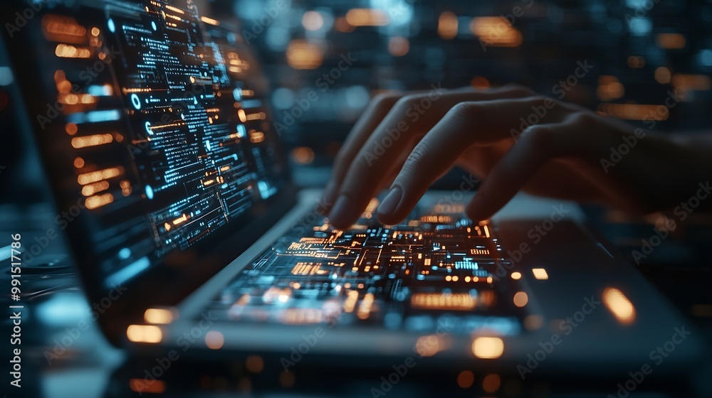 Fototapete Digital technology software development concept Coding programmer software engineer working on laptop with circuit board and javascript on virtual screen internet of things IoT : Generative AI