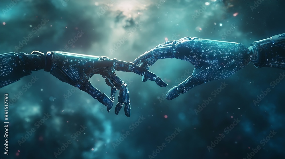 Fototapete AI Machine learning Hands of robot and human touching on big data network connection Data exchange deep learning Science and artificial intelligence technology innovation of futuristic : Generative AI