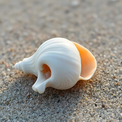 A beautiful white seashell rests on the sandy beach at sunrise