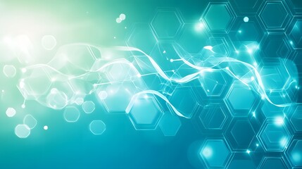 Abstract Blue and Green Background with Hexagons and Glowing Lines