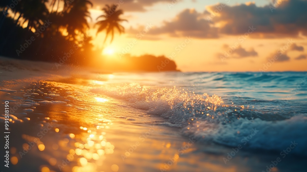 Poster beach in sunset time tilt shift soft effect : generative ai