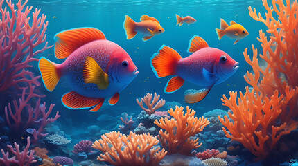 Fototapeta premium High quality cute fishes near coral reef with colorful underwater illustration background design.