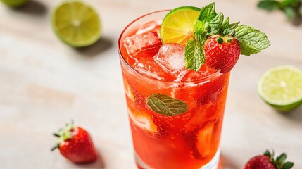 Close-up of a Tom strawberry drink in a glass, garnished with strawberries, lime, and mint leaves, placed on a light wooden table.