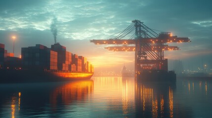 Fototapeta premium Container ship loading at dusk, vibrant reflections on water, industrial skyline.