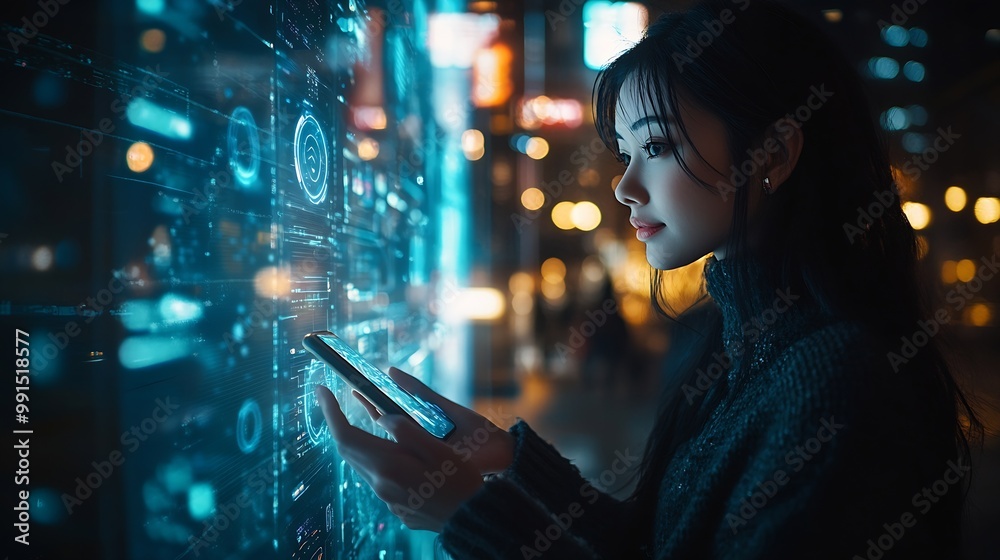 Poster Metaverse and Blockchain Technology Concepts Person with an Experiences of Metaverse Virtual World via Smart Phone Futuristic Tone Conceptual Photo : Generative AI