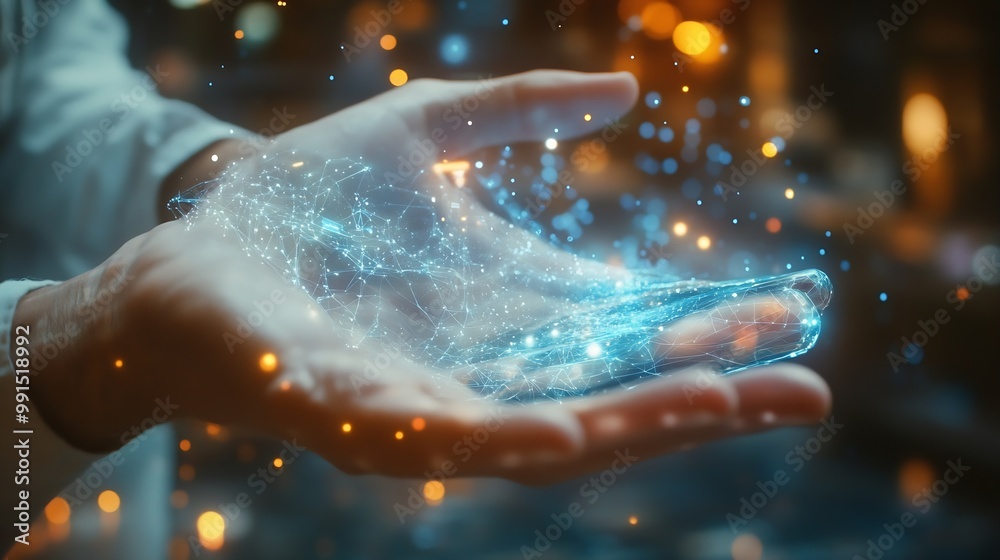 Poster Metaverse and Blockchain Technology Concepts Person with an Experiences of Metaverse Virtual World via Smart Phone Futuristic Tone Hand Levitating Mobile Phone : Generative AI