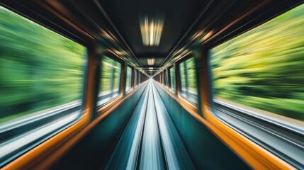 A panoramic view from inside a high-speed train, showing the blur of scenery passing by, emphasizing the thrill of speed and travel.