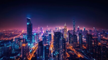 A panoramic view of a city skyline at night, with illuminated skyscrapers creating a dazzling display against the dark sky, symbolizing urban vibrancy.