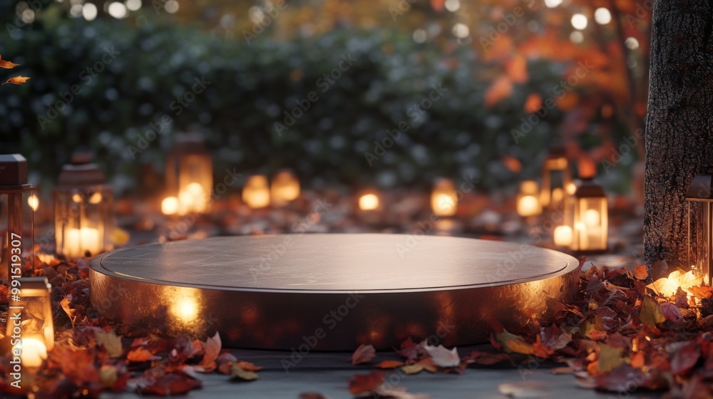 Poster a wooden platform is placed in a forest setting. the platform is surrounded by lit lanterns and fall