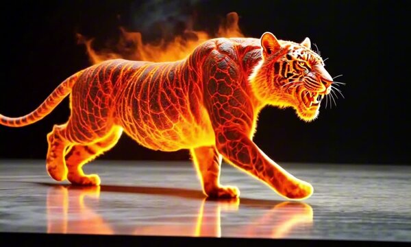 Fiery tiger walking fiercely against a dark background, intense mood, dramatic, fantasy art