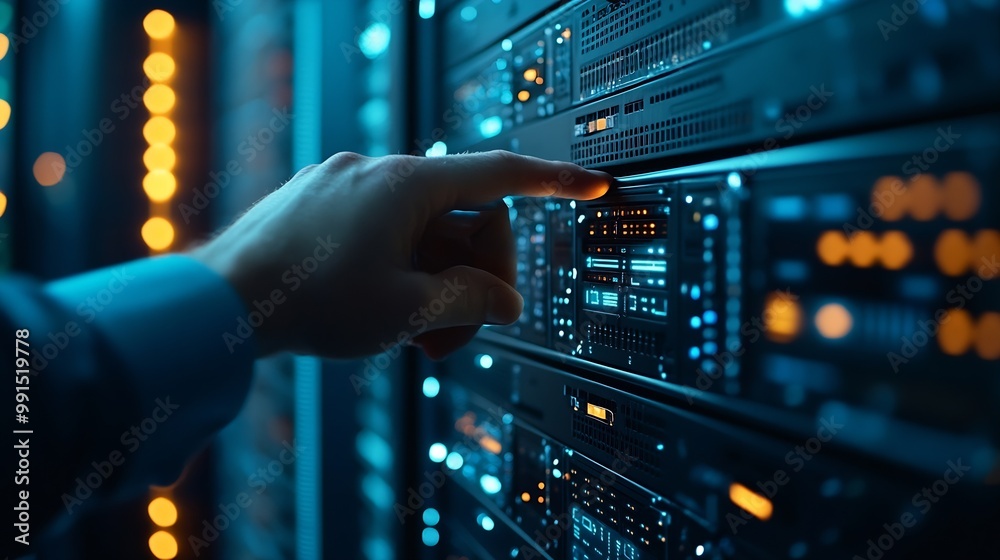 Poster Big data digital technology concept Software engineer touching on virtual internet network connection with data center network server innovative futuristic technology background data m : Generative AI