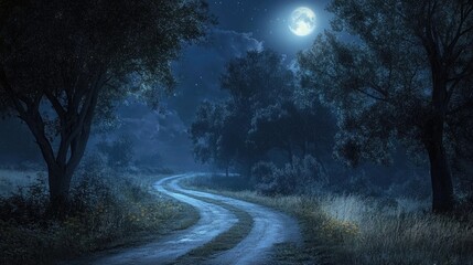 Fototapeta premium A peaceful country road at night, with the moonlight filtering through trees, creating a mystical atmosphere and inviting a sense of tranquility