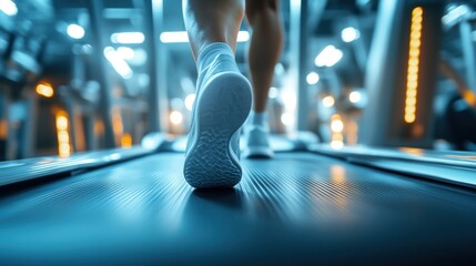 Close-up of a foot running on a treadmill in a modern gym environment.