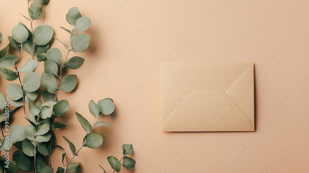 Aufkleber Banner Blank paper card mock up and craft envelope with branches eucalyptus leaves beige background White empty invitation on table Minimal modern lifestyle photo Flat lay top view cop : Generative AI