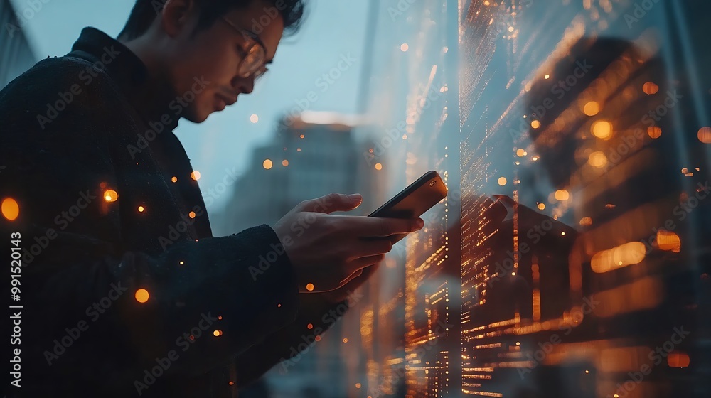 Poster Businessman using mobile smart phone Business global internet connection application technology and digital marketing Financial and banking Digital link tech big data : Generative AI