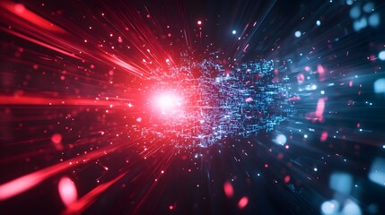 Abstract Digital Network with Red and Blue Lights and Blurred Lines