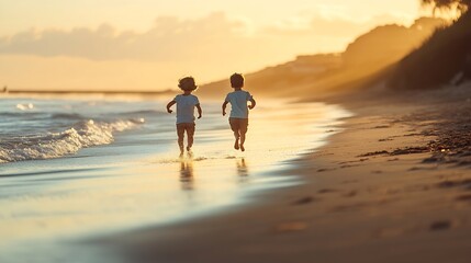 Two children running toward the water at a beach at dusk : Generative AI