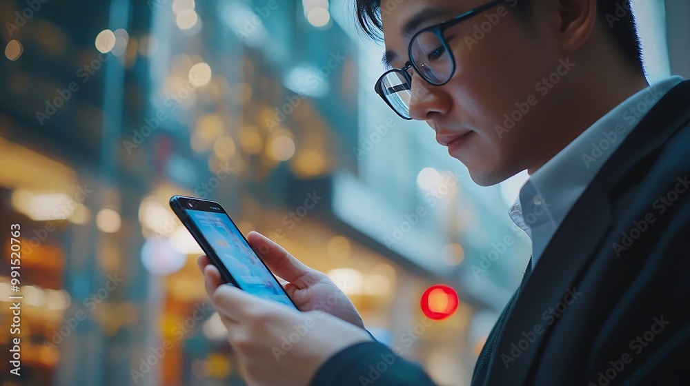 Poster Businessman using mobile smartphone on global network connection on investor and customer with sale data exchange and development of business Technology and digital marketing Financial : Generative AI