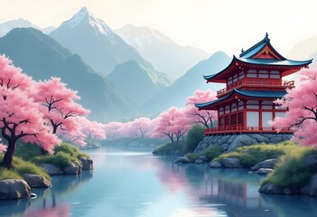 Japan traditional sumi-e painting. Fuji mountain, sakura, sunset. Japan sun. Indian ink illustration. Japanese picture.
