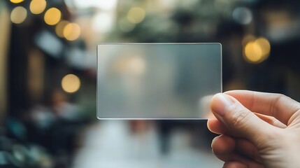 Hand hold blank translucent card mockup with rounded corners Plain clear callcard mock up template holding arm Plastic transparent acrylic namecard display front : Generative AI