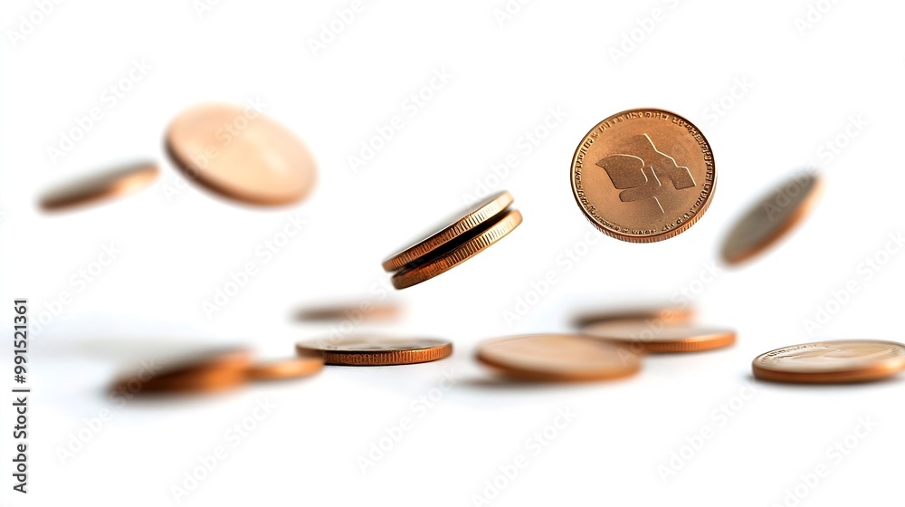 Poster Falling coins isolated on white background : Generative AI