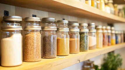 A picturesque kitchen scene with jars of various salts, spices, and herbs neatly organized on a shelf, capturing the essence of culinary creativity.