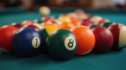 Colorful pool balls arranged on a billiard table close-up