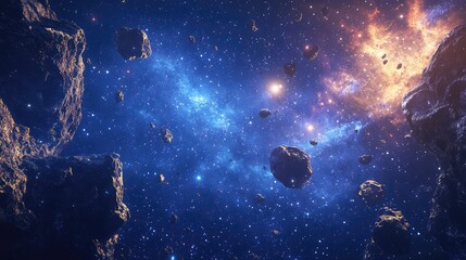 Obraz premium Cosmic void with scattered asteroids and distant galaxies