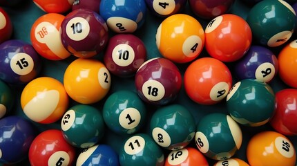 Top view of a colorful assortment of pool balls