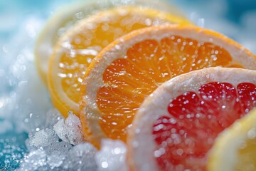 Citrus Burst on Ice: Vibrant slices of orange, grapefruit, and lemon rest on a bed of crushed ice, their juicy textures and bright colors creating a refreshing and appetizing image. 