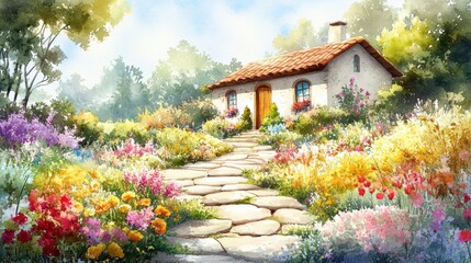 Charming house with colorful flowers in a beautiful garden path.