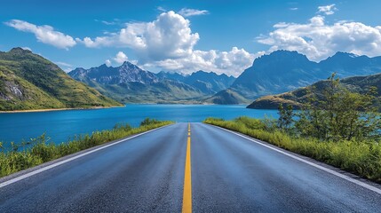 Asphalt road and lake with mountains nature landscape on a sunny day Beautiful coastline in summer season : Generative AI