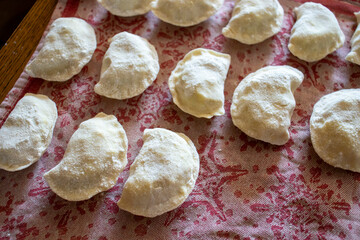 Homemade dumplings ready for cooking, arranged on a traditional patterned cloth. Perfect for culinary and food photography.
