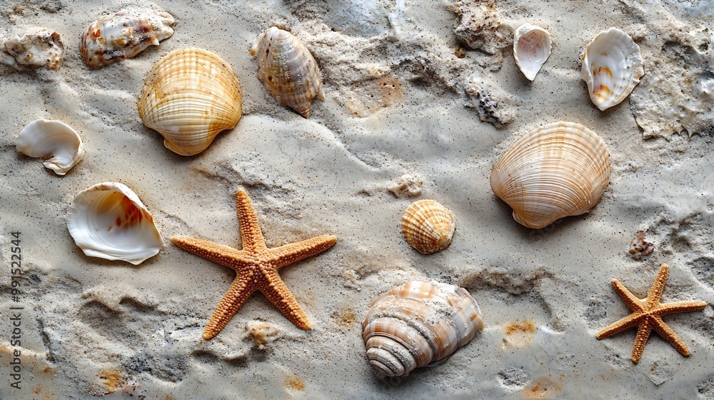 Poster Top view of a sandy beach texture with imprints of exotic seashells and starfish as natural textured background : Generative AI