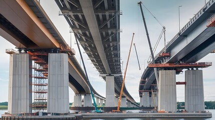 Fototapeta premium Bridge Construction with Cranes and Scaffolding
