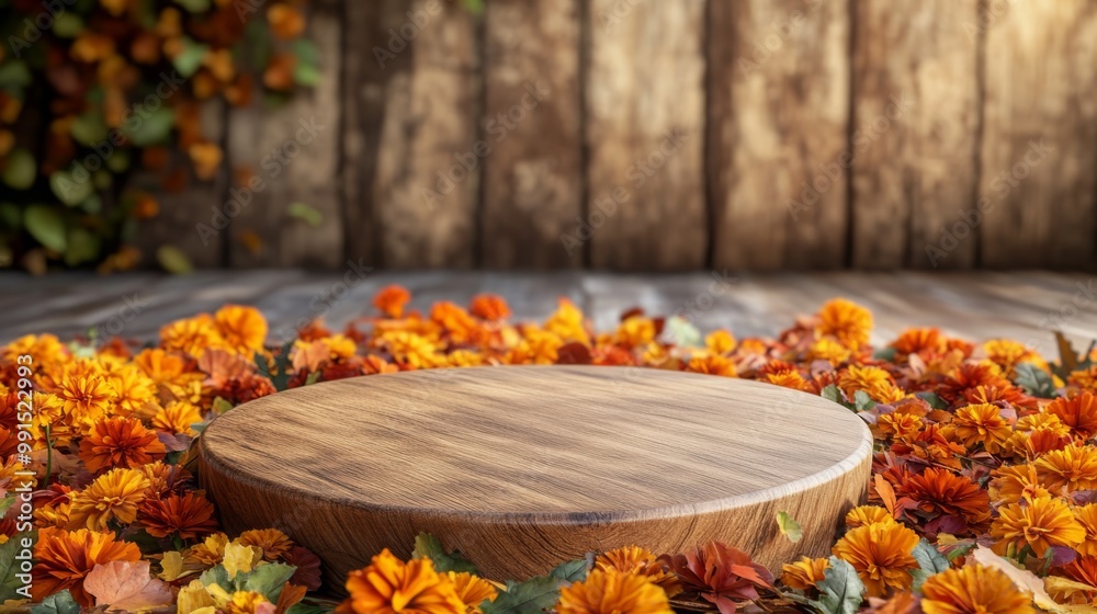 Poster a round wooden platform rests on a wooden floor, surrounded by a colorful array of autumn flowers. t
